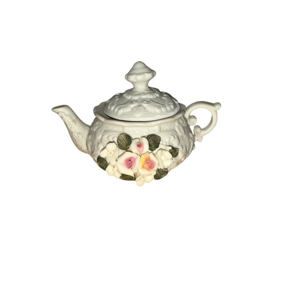 Vintage Cornerstone Creations Mini Teapot White with Pink Rose Detail